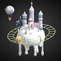 Cartoon Castle Scene Featuring Colorful Towers Hot Air Balloon Circular Track Small Pumpkin And Flowers