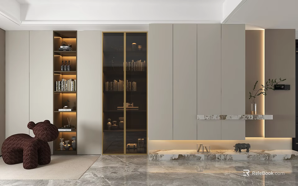 Modern Living Room TV Cabinet Design With Gray Glass Doors Open Shelves And LED Lighting 3d model 