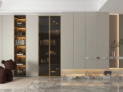 Modern Living Room TV Cabinet Design With Gray Glass Doors Open Shelves And LED Lighting 3d model