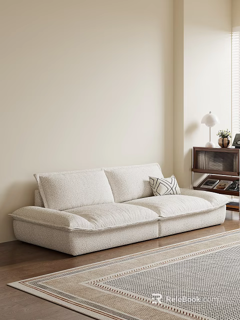 Light Fabric Sofa And Coffee Table Set In Cozy Living Room With Wooden Side Cabinet And Lamp 3d model 