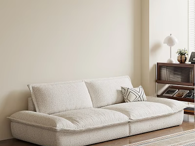 Light Fabric Sofa And Coffee Table Set In Cozy Living Room With Wooden Side Cabinet And Lamp 3d model