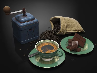 Freshly Brewed Coffee in Ceramic Cup with Roasted Coffee Beans Vintage Grinder and Chocolate Pieces 3d model