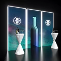 Modern Wine Display With Neon Framed Panels Wine Bottle Silhouette And White High Tables