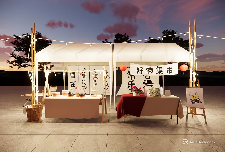 Outdoor Goodies Market Stall With White Tent Lanterns And Calligraphy Signs At Sunset 3d model 