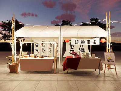 Outdoor Goodies Market Stall With White Tent Lanterns And Calligraphy Signs At Sunset 3d model
