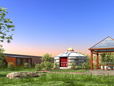 Garden Landscape with Traditional Yurt Glass Pavilion Green Grass and Trees 3d model
