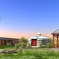 Garden Landscape with Traditional Yurt Glass Pavilion Green Grass and Trees