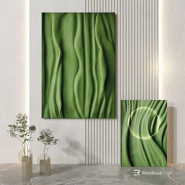 Abstract Green Wavy Texture Painting as Large Wall Art and Small Canvas on White Wall 3d model 