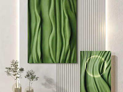 Abstract Green Wavy Texture Painting as Large Wall Art and Small Canvas on White Wall 3d model