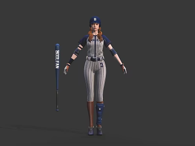 Female Baseball Player Game Character In Striped Uniform With Cap Bat And Number 2 3d model