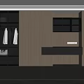 Modern Wardrobe Design With Wooden Cabinets Glass Doors Hanging Clothes Lit Shelves And Striped Rug