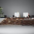 Stylish Reception Desk With Wooden And Stone Design Green Plant Decorative Bottles Computers And Staff