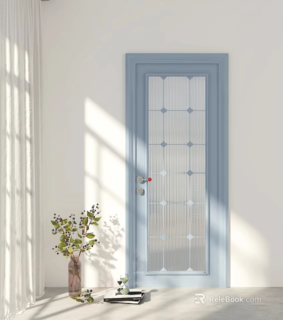 Blue Hinged Door With Frosted Glass Diamond Patterns And Potted Plant In Sunlight 3d model 
