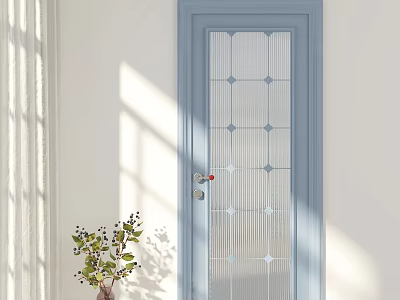 Blue Hinged Door With Frosted Glass Diamond Patterns And Potted Plant In Sunlight 3d model