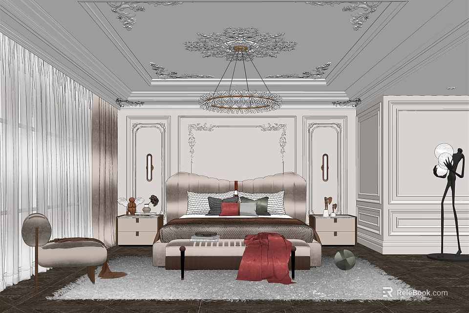 Elegant Classic Bedroom Interior With Ornate Ceiling Chandelier Upholstered Bed Nightstands And Armchair 3d model 