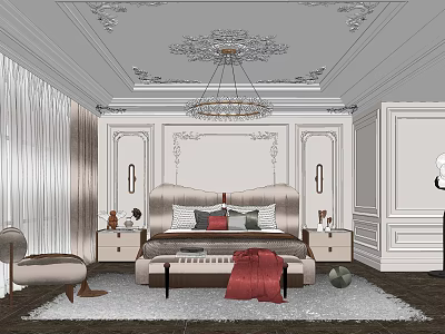 Elegant Classic Bedroom Interior With Ornate Ceiling Chandelier Upholstered Bed Nightstands And Armchair 3d model