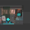 Cartoon Scene With Round Yellow Character Working At Computer Desk With Papers And Blue Lighting
