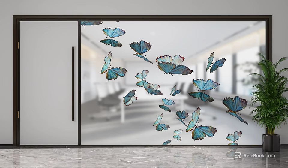 Modern Glass Partition With Blue Purple Butterfly Decorations In Interior Space 3d model 