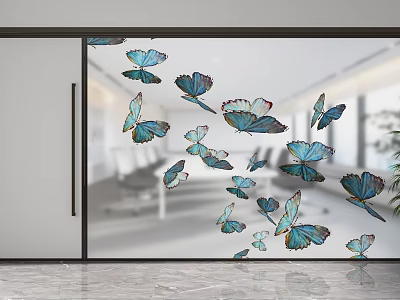 Modern Glass Partition With Blue Purple Butterfly Decorations In Interior Space 3d model