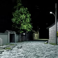 Starry Night Scene With Stone Pavement Street Lamp Tree Traditional Buildings And Yellow Light Windows