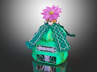 Elegant Decorative Ornament Set with Green Body Pink Flower Transparent Parts and Fan Shaped Accents 3d model