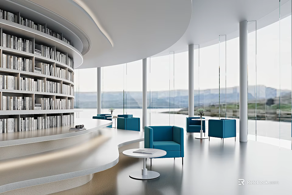 Modern Library Interior With Curved Bookshelves And Scenic View 3d model 