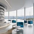 Modern Library Interior With Curved Bookshelves And Scenic View