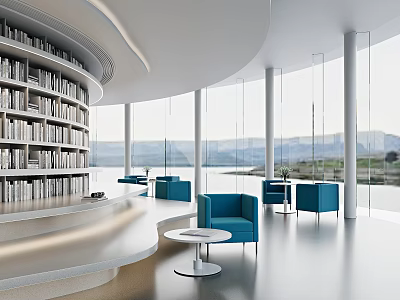 Modern Library Interior With Curved Bookshelves And Scenic View 3d model