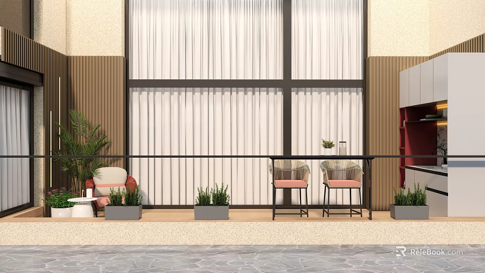 Modern Home Balcony Design With White Curtains Potted Plants And Seating Chairs 3d model 