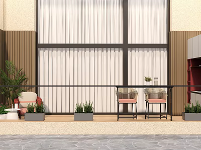 Modern Home Balcony Design With White Curtains Potted Plants And Seating Chairs 3d model