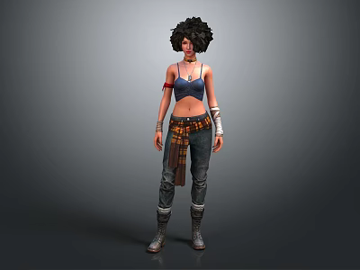 Female Character With Curly Hair Sports Bra Wrist Guards Plaid Sash And Cargo Boots Outfit 3d model