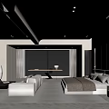Modern Minimalist Bedroom With Large Bed Gray Rug Black Coffee Table And Wooden Accent Wall