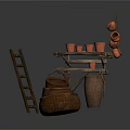 Rustic Household Supplies With Wooden Ladder Shelf Clay Pots And Wicker Baskets