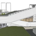 Modern Open Building Interior With Large Glass Windows Trees Tables And People Walking