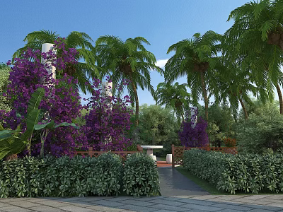 Scenic Park Landscape With Purple Flowers Palm Trees Green Shrubs Stone Pathway And Blue Sky 3d model