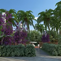 Scenic Park Landscape With Purple Flowers Palm Trees Green Shrubs Stone Pathway And Blue Sky