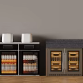 Modern Kitchen Storage Units With Dishes Glass Door Wine Cabinet Gray Wall Wooden Floor