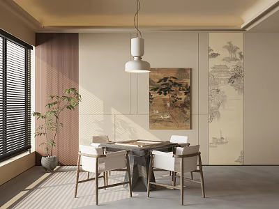 Traditional Dining Area With Table Chairs Art Plant And Pendant Light 3d model