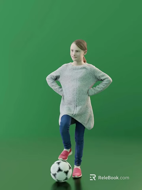 Woman Wearing Gray Knitted Sweater And Blue Pants Against Green Background 3d model 