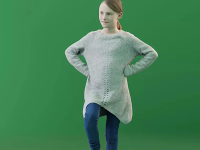 Woman Wearing Gray Knitted Sweater And Blue Pants Against Green Background 3d model