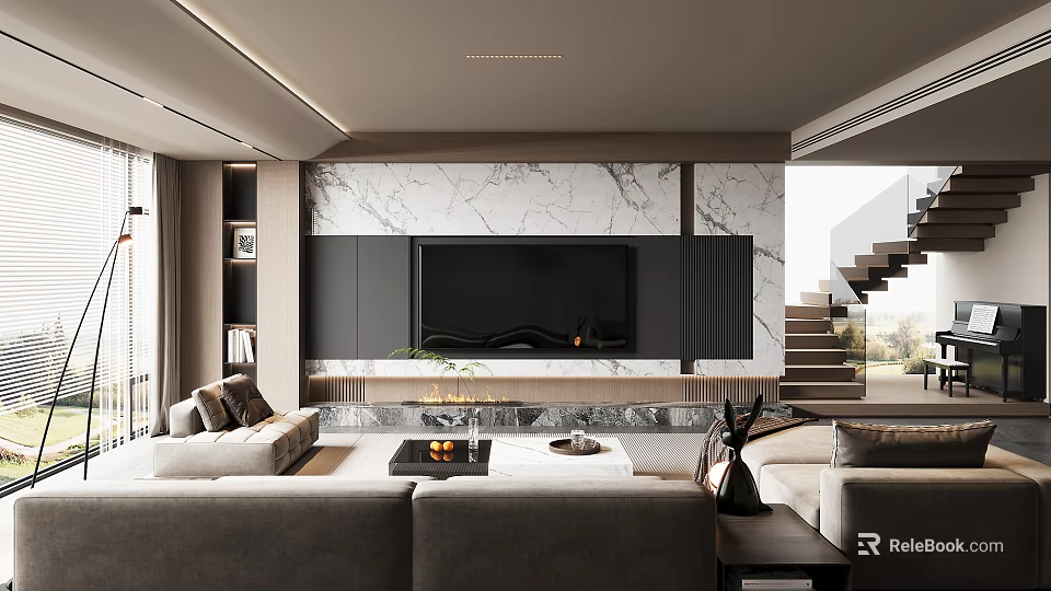Modern Living Room Interior With Marble Accent Wall Gray Sofas And Open Concept Design 3d model