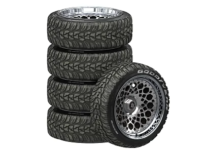 Stacked Tires With Alloy Wheel Rim And Detailed Tread Pattern Design 3d model