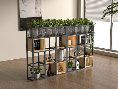 Multi tiered Plant Shelf With Black Frame Wooden Compartments Holding Green Plants Books And Decorations 3d model