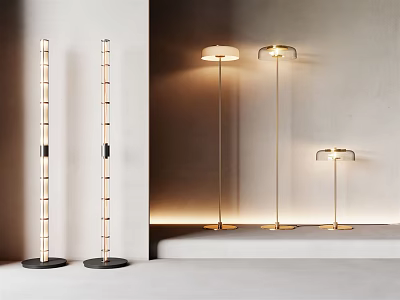 Modern Stylish Floor Lamps With Cylindrical Design And Circular Shades In Interior Space 3d model