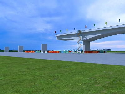 Road Infrastructure Bridge Under Construction With Construction Area Green Grass Blue Sky and Colorful Flags 3d model