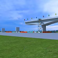 Road Infrastructure Bridge Under Construction With Construction Area Green Grass Blue Sky and Colorful Flags