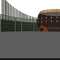 Modern Office Building Featuring Green Vertical Stripes And Drum Shaped Gold Decor