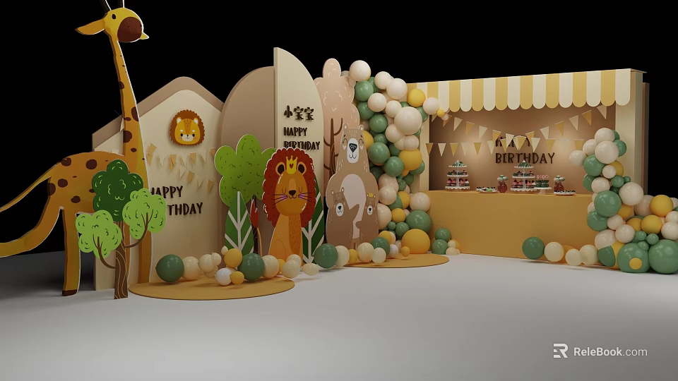 Colorful Kids Birthday Party Decoration With Animal Figures Balloon Arch And Happy Birthday Sign 3d model 