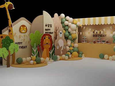 Colorful Kids Birthday Party Decoration With Animal Figures Balloon Arch And Happy Birthday Sign 3d model