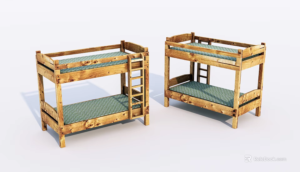 Wooden Bunk Beds With Ladder And Green Mattress For Kids Room 3d model 